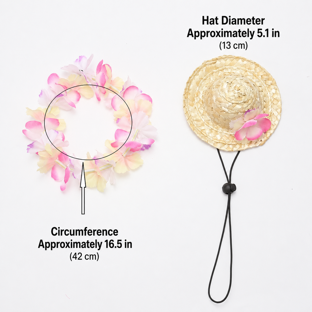 Pet Straw Hat and Flower Lei Set Beach Hawaii Style Pink
