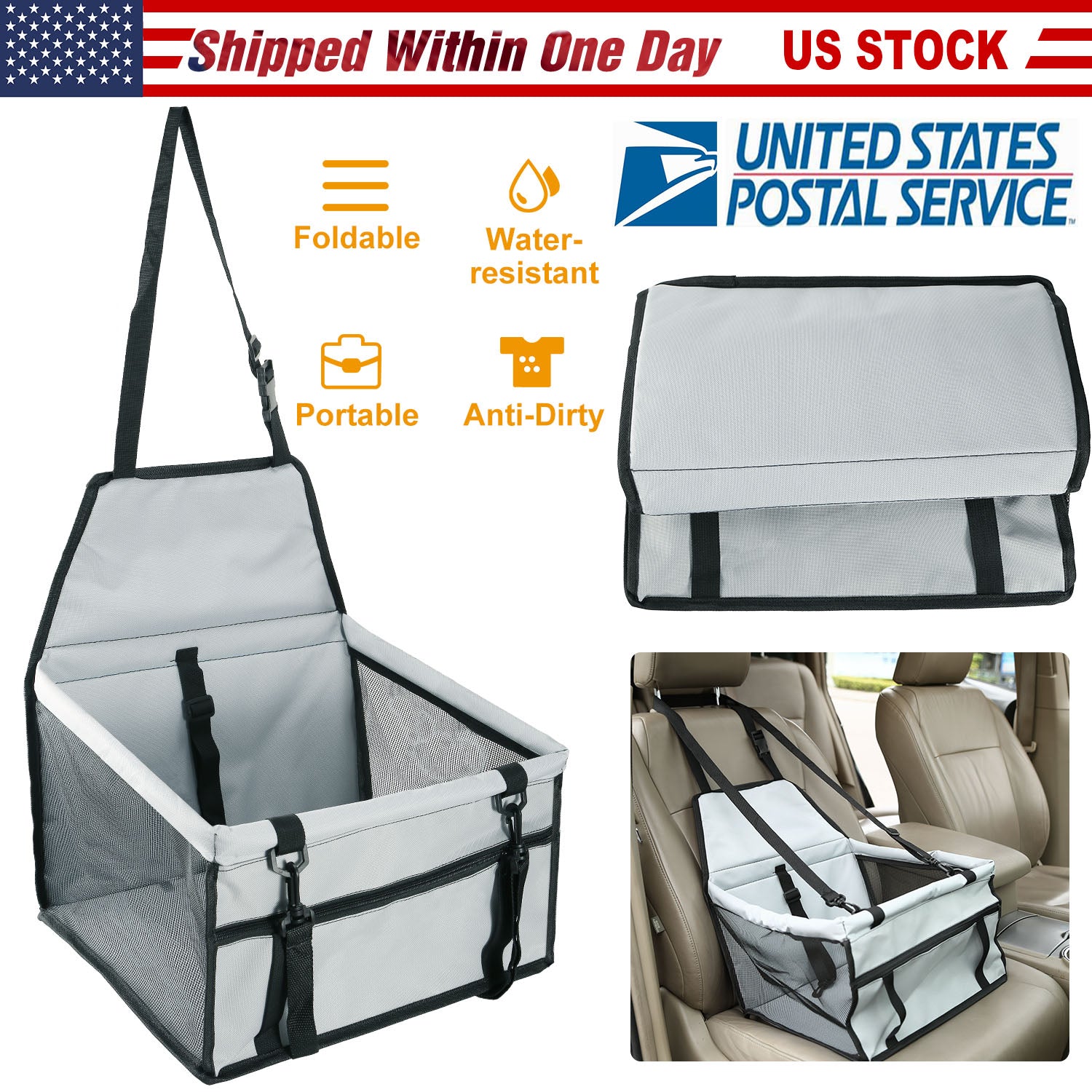 Dog Booster Car Seat Foldable Dog Booster Seat Pet Travel Carrier w/ Clip-on Safety Leash Zipper Storage Pocket for Small Medium Pets Up to 20Lbs