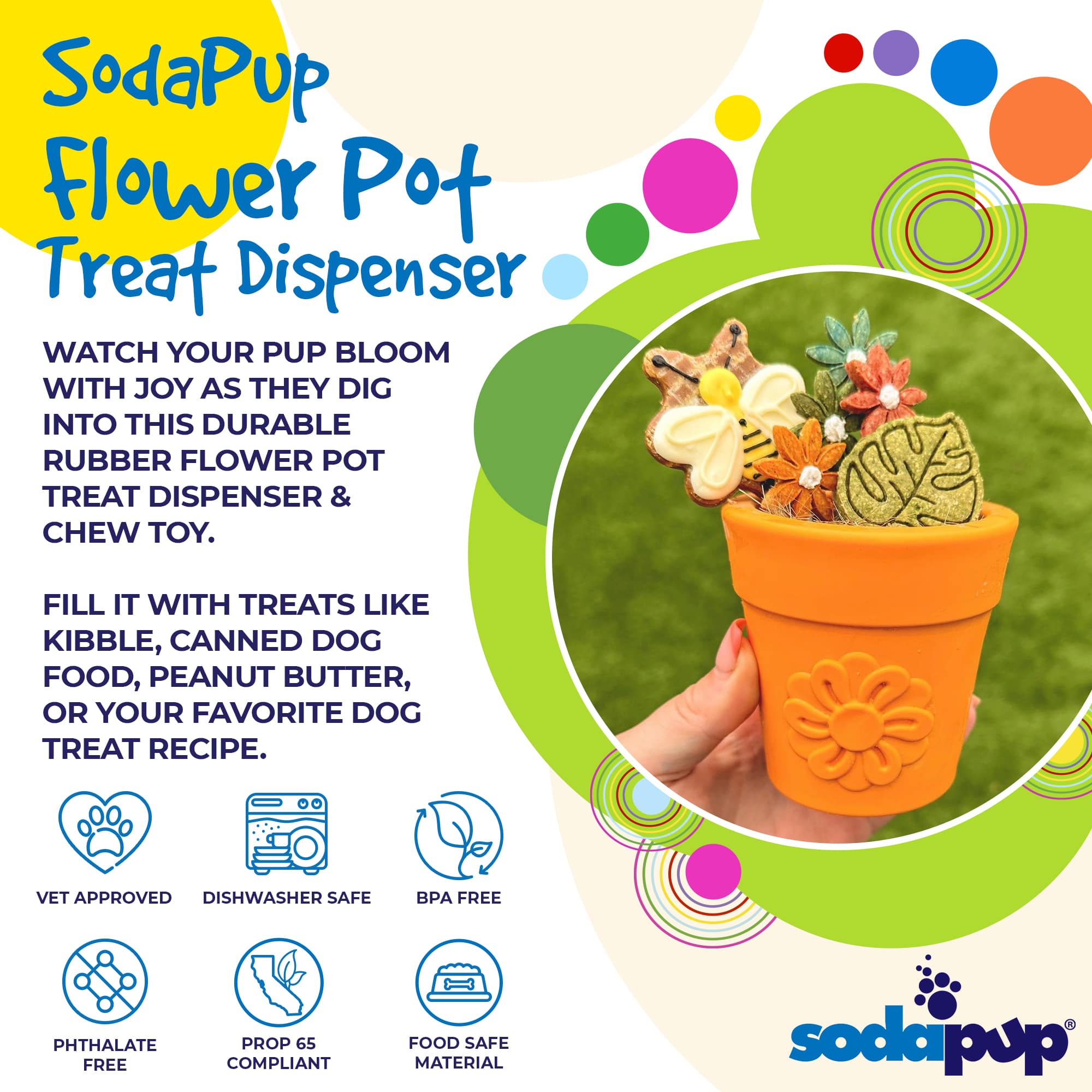 SodaPup Large Flower Pot Dog Treat Dispenser – USA-Made Natural Rubber | 3 Colors