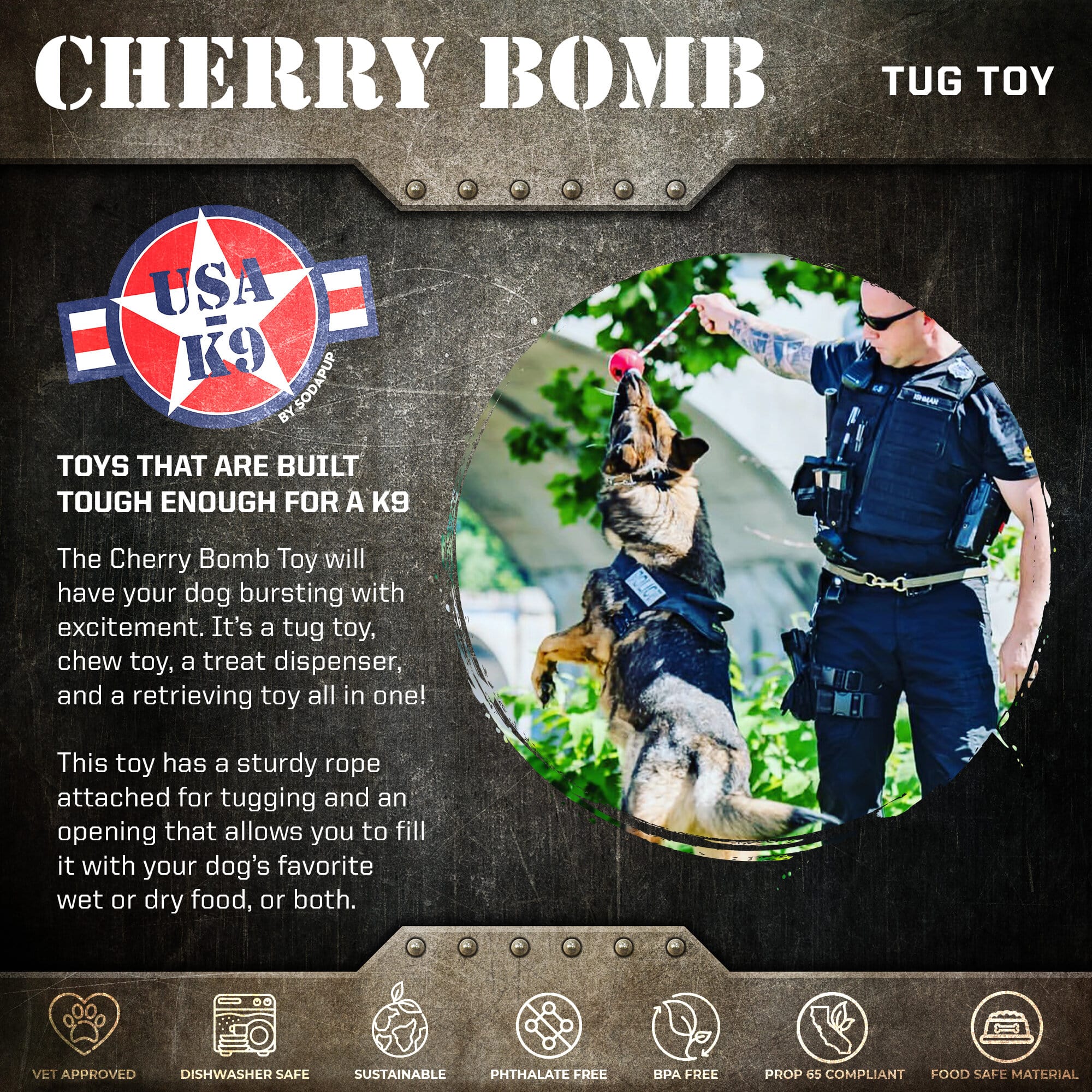 USA-K9 Cherry Bomb Rubber Dog Chew Toy – 4-in-1 K9 Reward & Treat Dispenser | USA Made