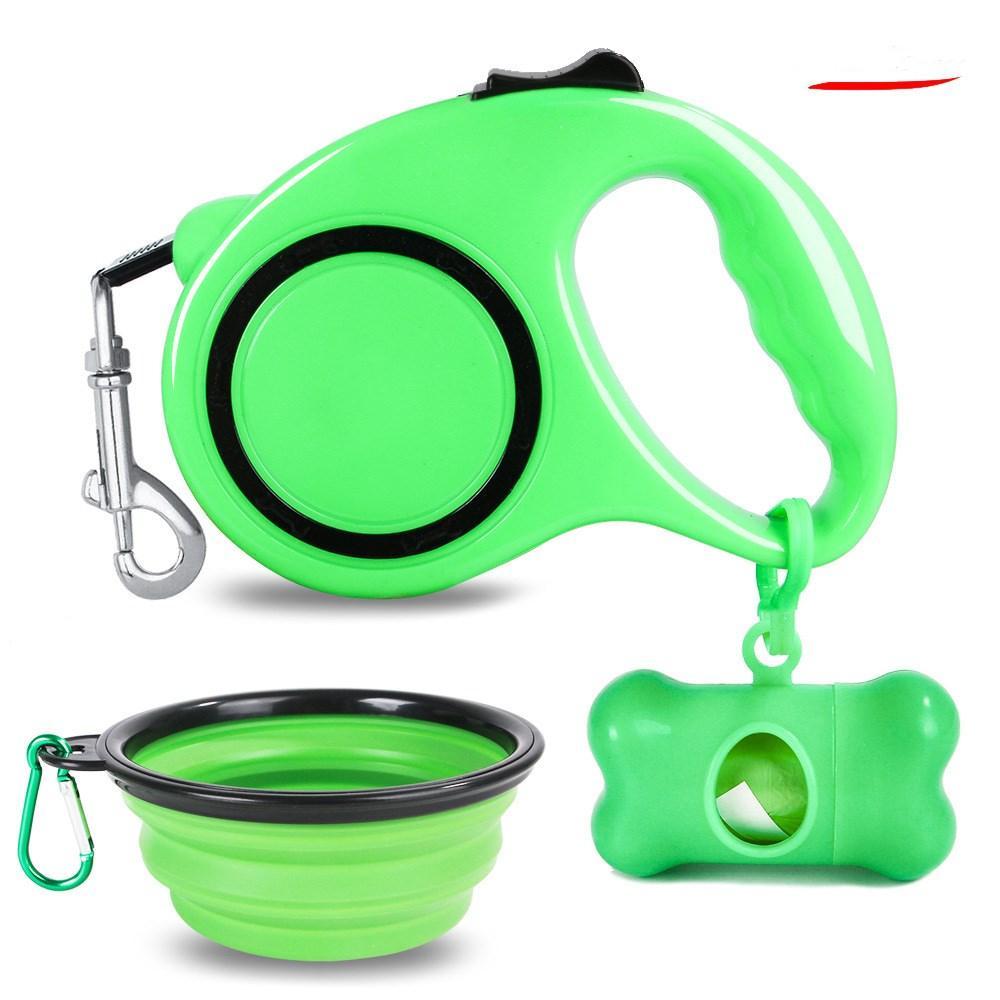 3-In-1 Dog Traction Rope And Folding Bowl Set Green