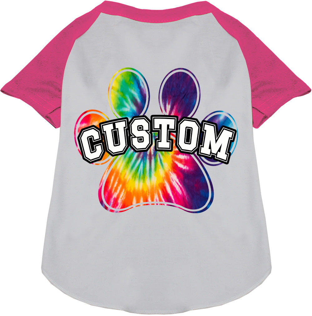 Custom Bright Tie Dye Paw Pet Raglan Shirts White with Bright Pink