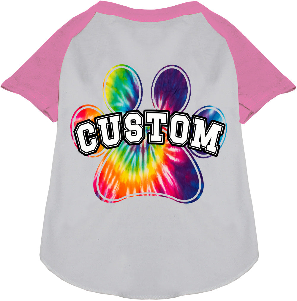 Custom Bright Tie Dye Paw Pet Raglan Shirts White with Light Pink