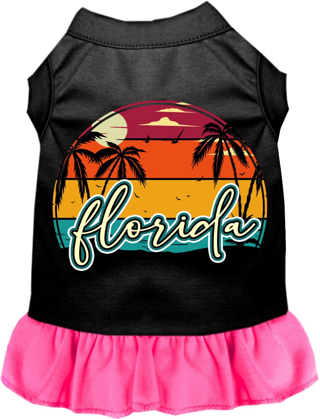 Custom Retro Beach Sunset Pet Dress Black with Bright Pink