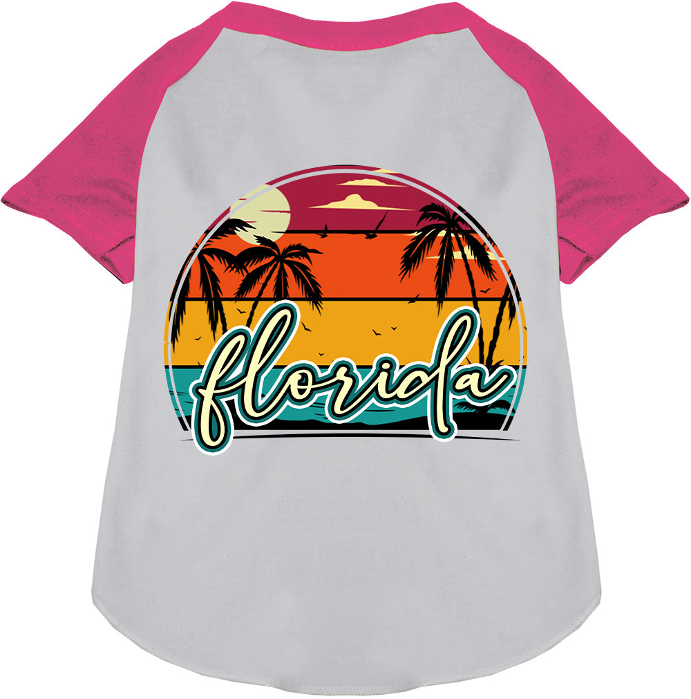 Custom Retro Beach Sunset Pet Raglan Shirts White with Bright Pink