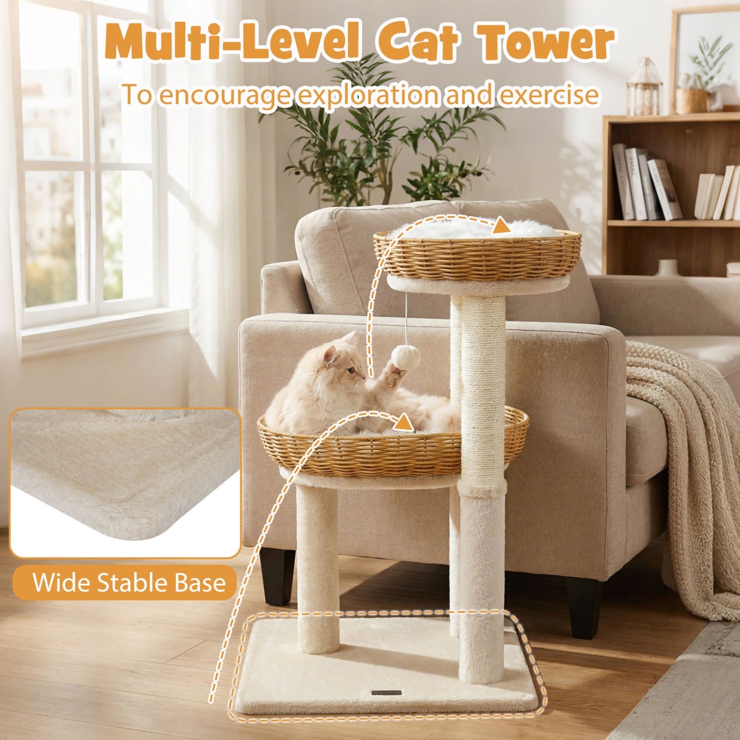 30-Inch Cat Tower with 2 Rattan Cat Baskets for Indoor Kittens