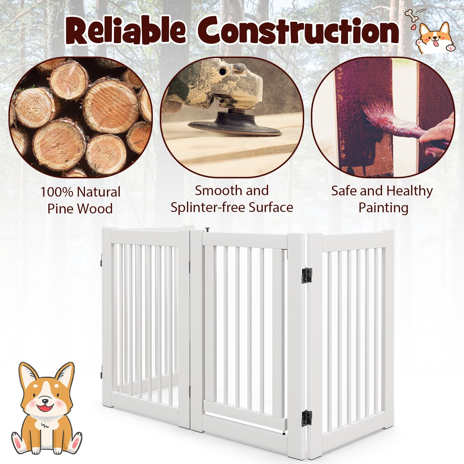 30 Inch Tall 4-Panel Freestanding Pet Gate Wooden Dog Fence-White