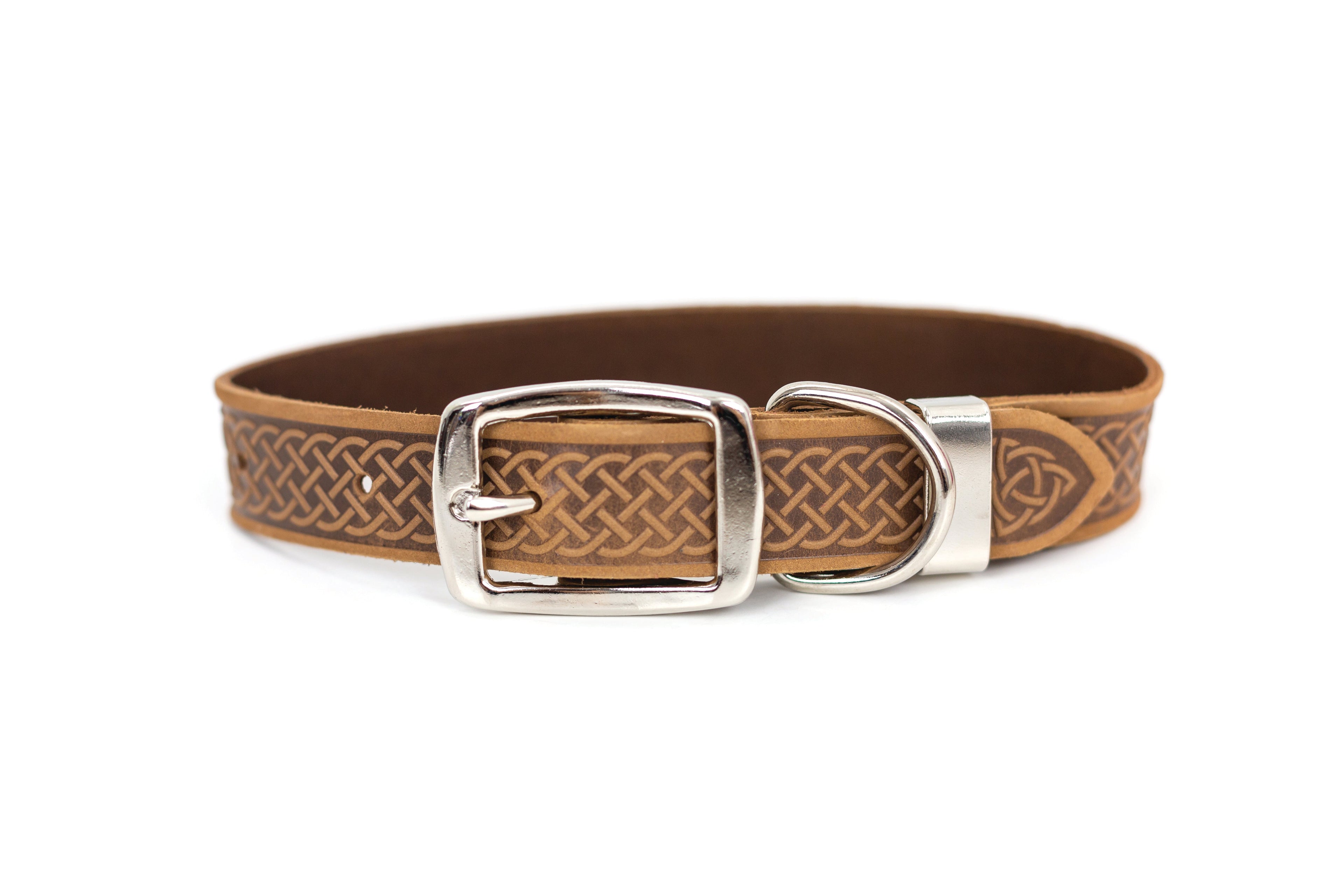 Celtic Double Buckle Style Leather Dog Collar Tan
