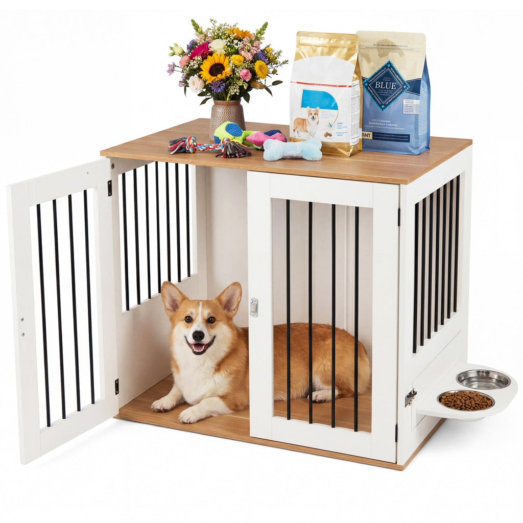 31.5” Dog Crate Furniture Wooden Dog Kennel with Double Lock Doors Default Title