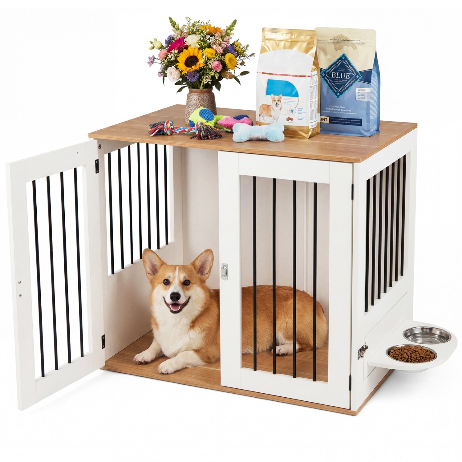 31.5” Dog Crate Furniture Wooden Dog Kennel with Double Lock Doors Default Title