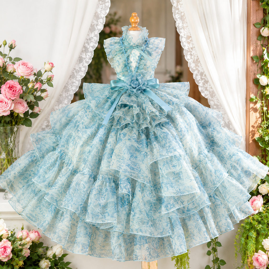 Blue Floral Pet Wedding Dress with Detachable Train
