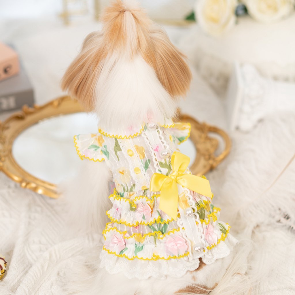 Floral Lace Dog Dress | Cottagecore Pet Princess Dress with Bow & Pearl Buttons