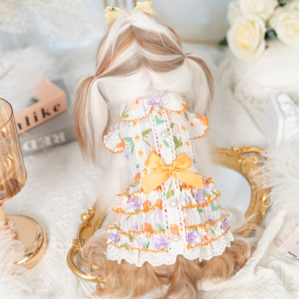 Floral Lace Dog Dress | Cottagecore Pet Princess Dress with Bow & Pearl Buttons