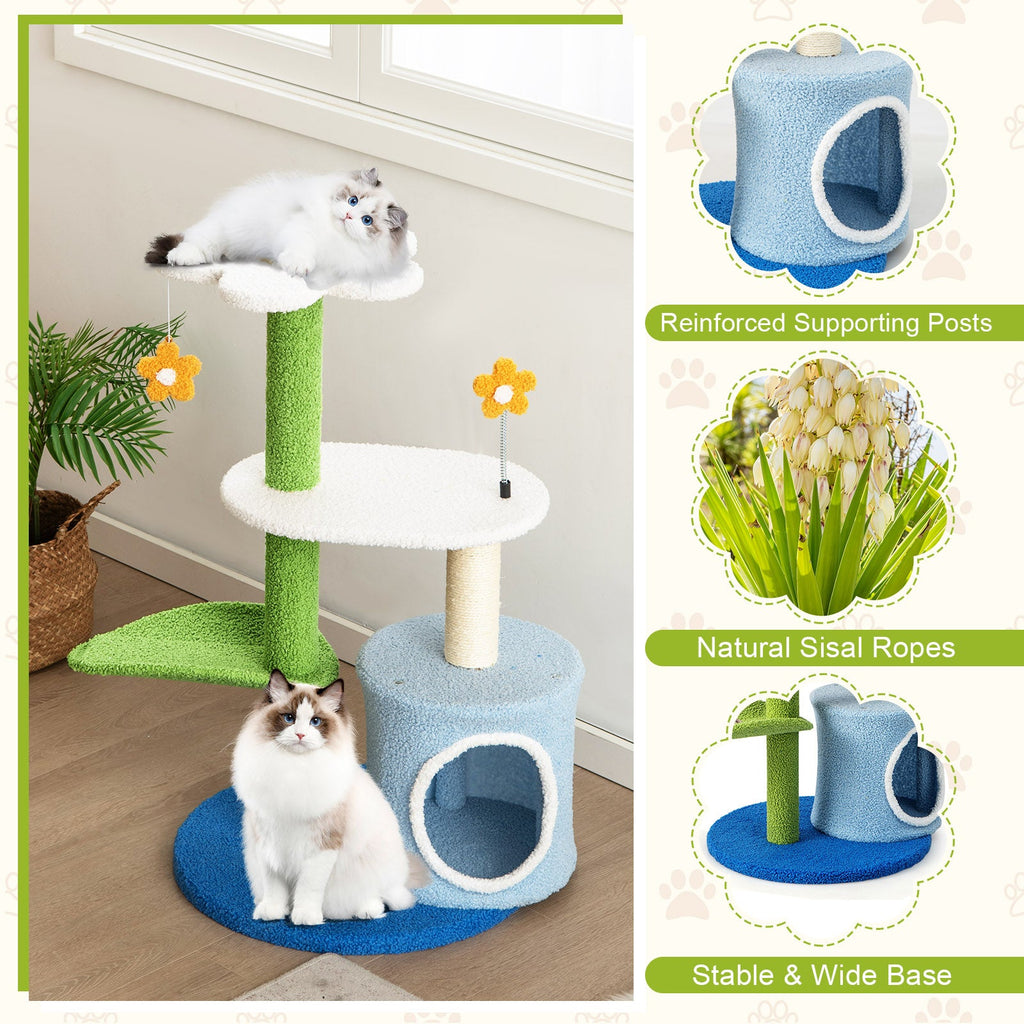 34.5 Inch 4-Tier Cute Cat Tree with Jingling Balls and Condo-Blue