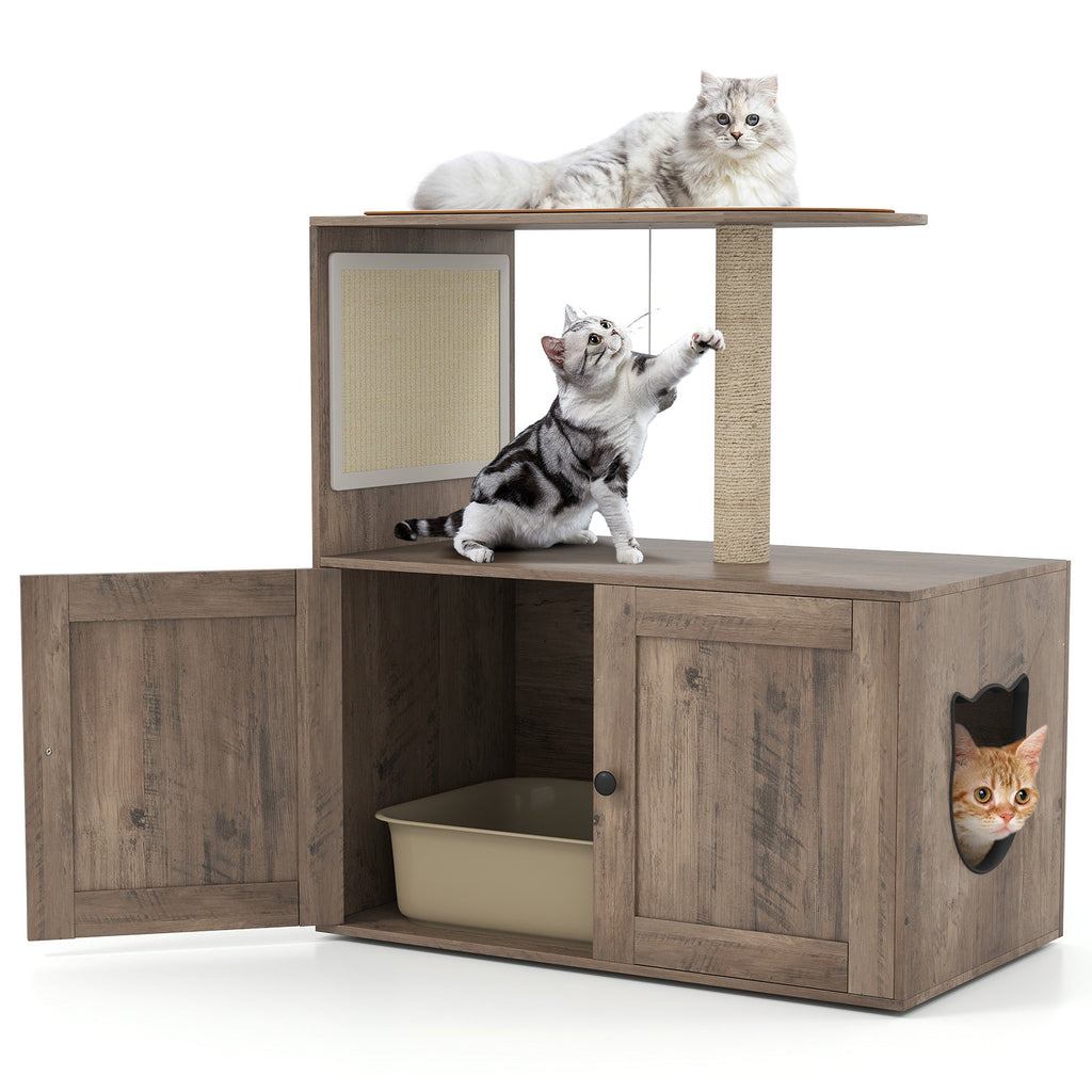 34.5 Inch Cat Tree with Litter Box Enclosure with Sisal Scratching Post and Mat-Gray Default Title