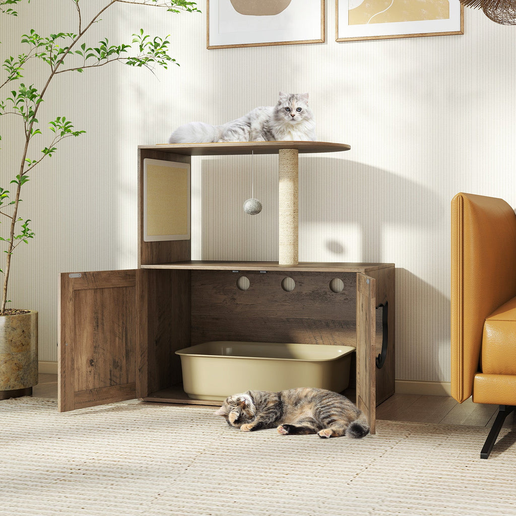 34.5 Inch Cat Tree with Litter Box Enclosure with Sisal Scratching Post and Mat-Gray
