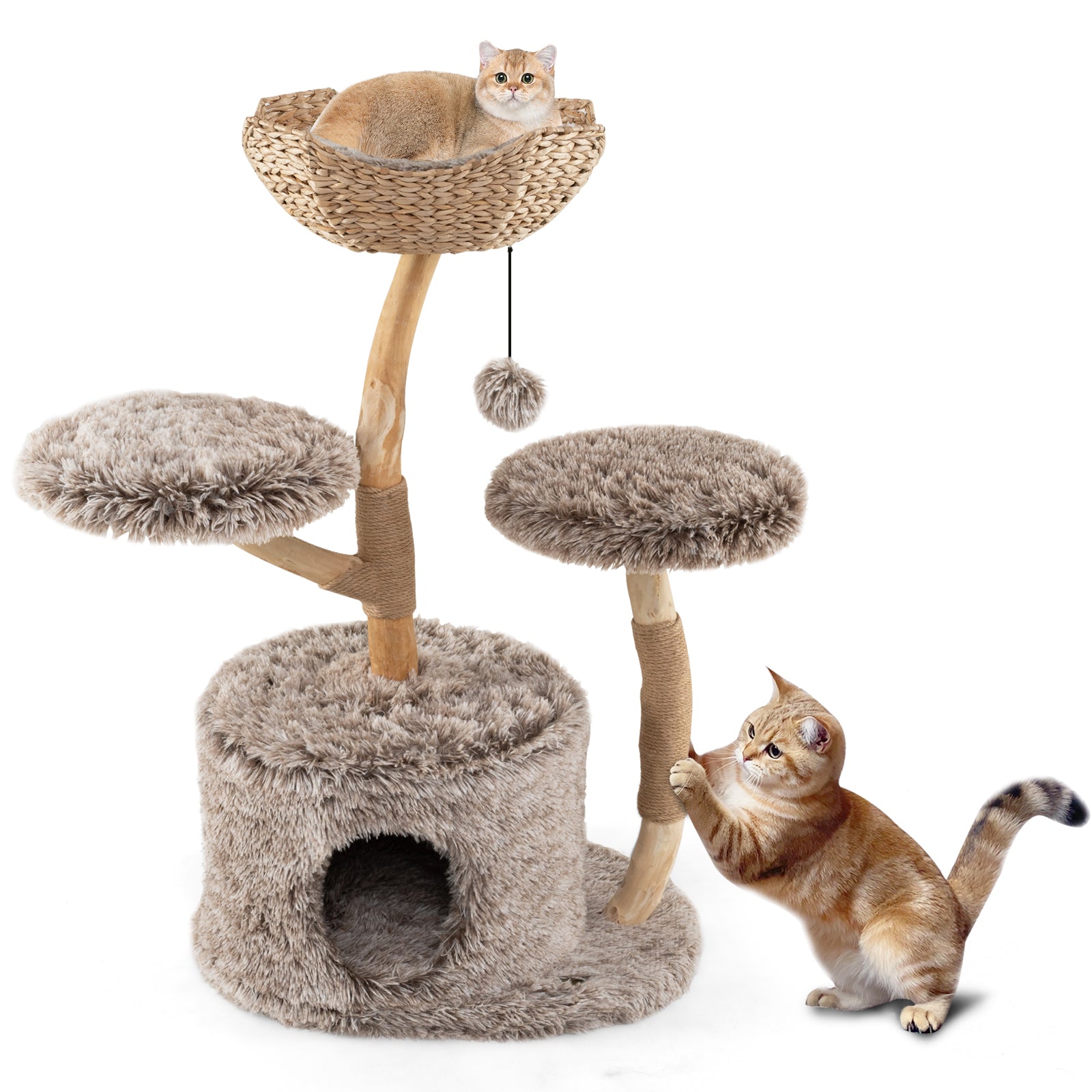 Wood Cat Tree Solid Pear Cat Tree with Perch and Sisal Scratching Posts-Brown Default Title