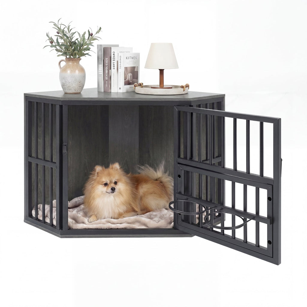 Wooden Dog Crate End Table with Adjustable Bowl Rack 35.5"