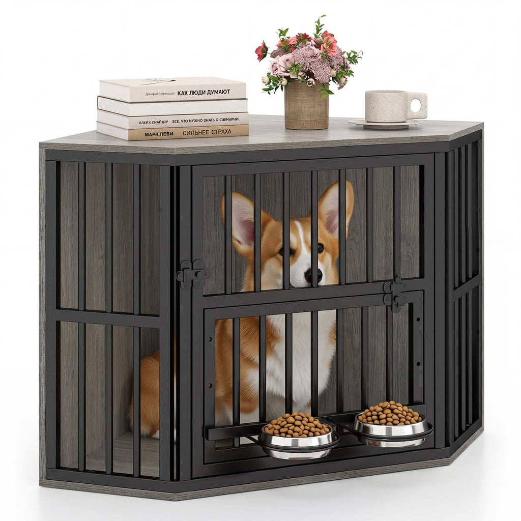 Wooden Dog Crate End Table with Adjustable Bowl Rack 35.5"
