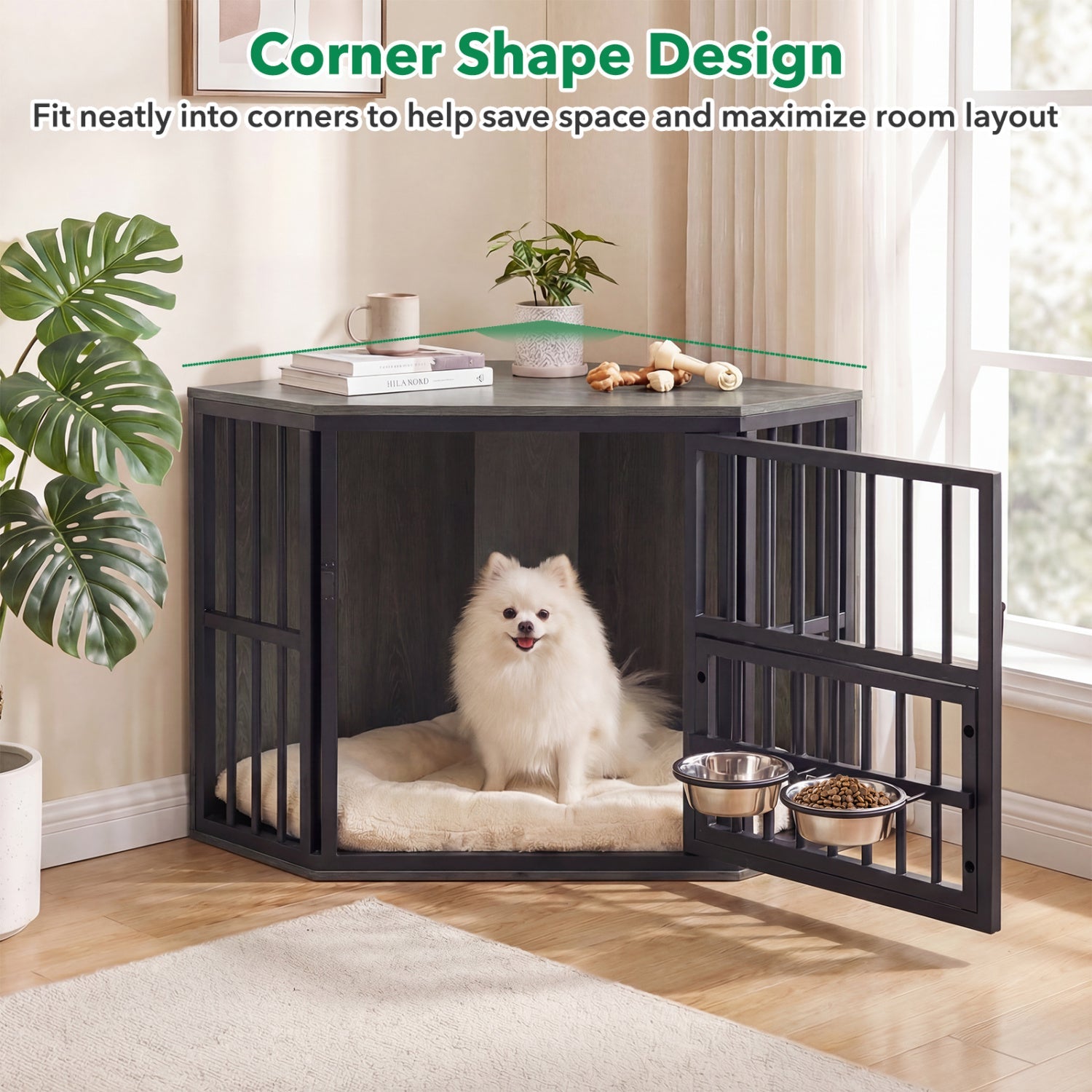 Wooden Dog Crate End Table with Adjustable Bowl Rack 35.5"