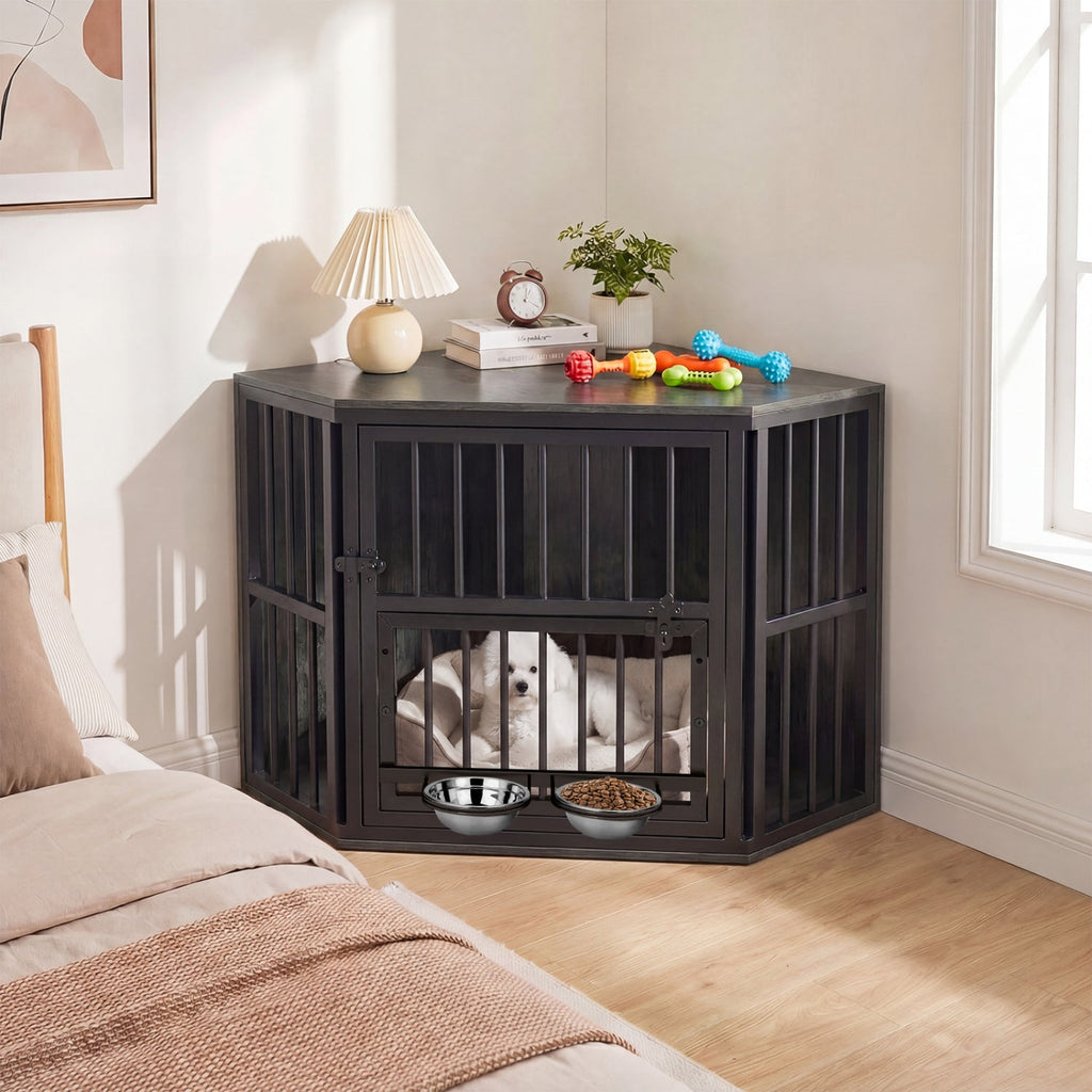 Wooden Dog Crate End Table with Adjustable Bowl Rack 35.5" Oak