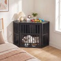 Wooden Dog Crate End Table with Adjustable Bowl Rack 35.5" Oak