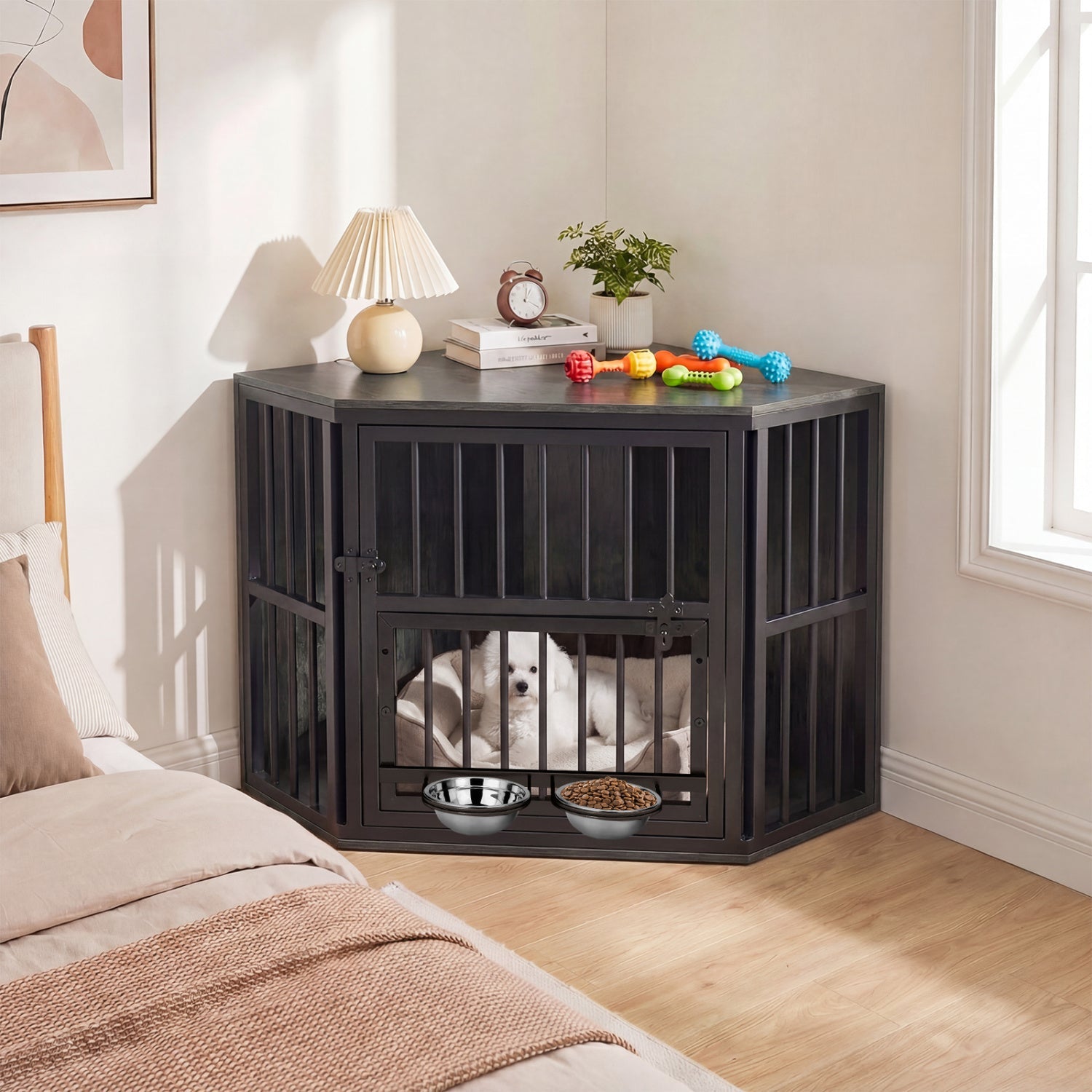 Wooden Dog Crate End Table with Adjustable Bowl Rack 35.5" Oak