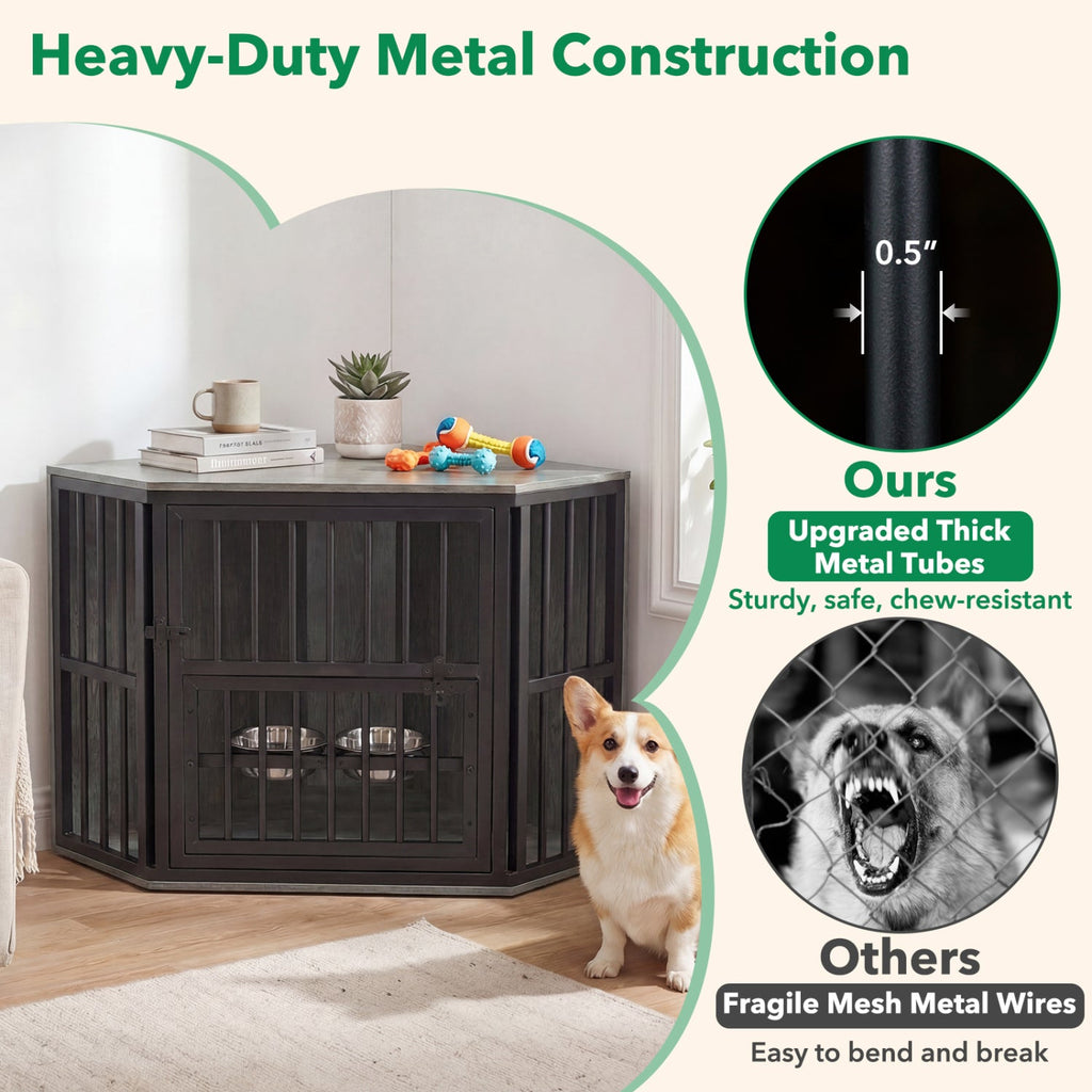Wooden Dog Crate End Table with Adjustable Bowl Rack 35.5"