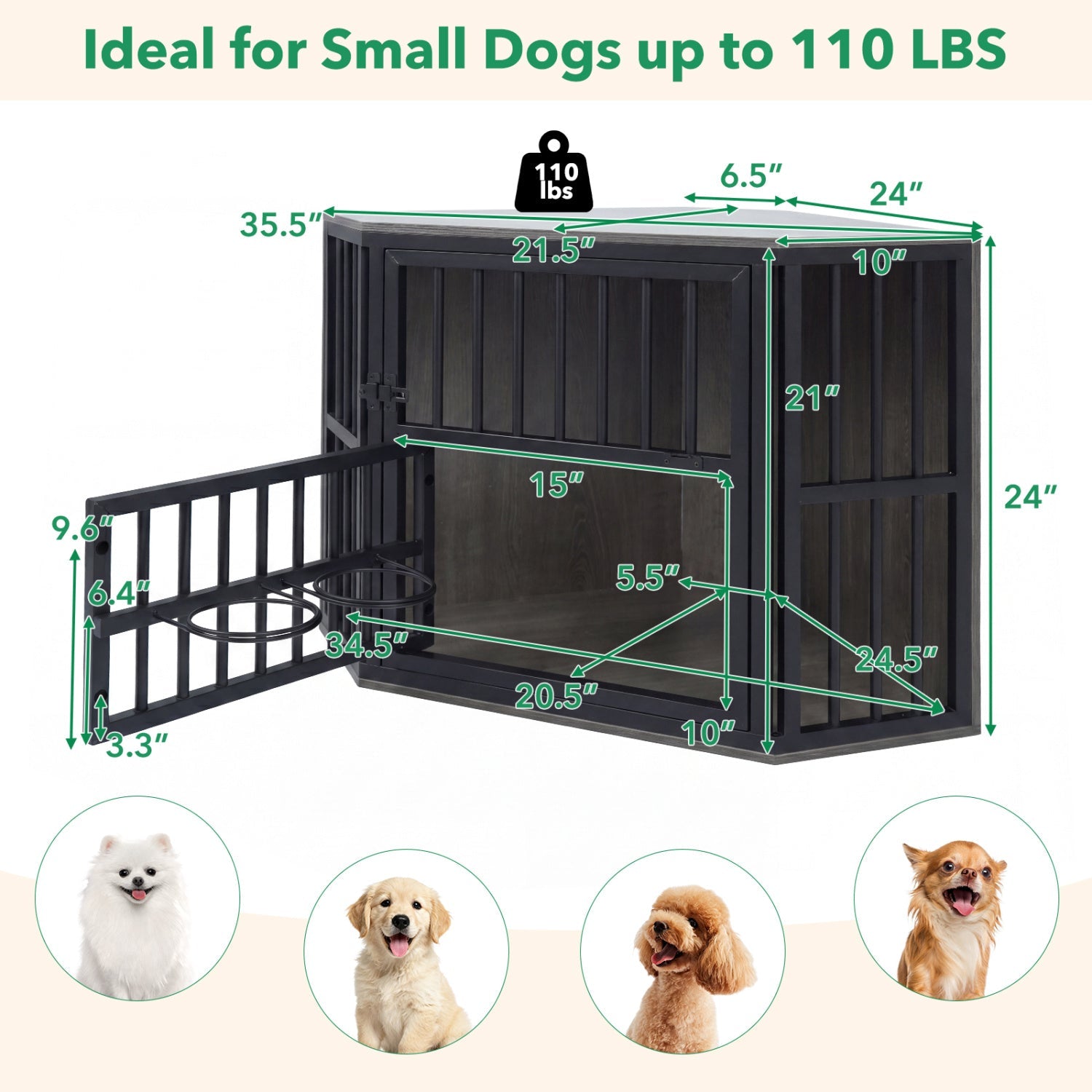Wooden Dog Crate End Table with Adjustable Bowl Rack 35.5"
