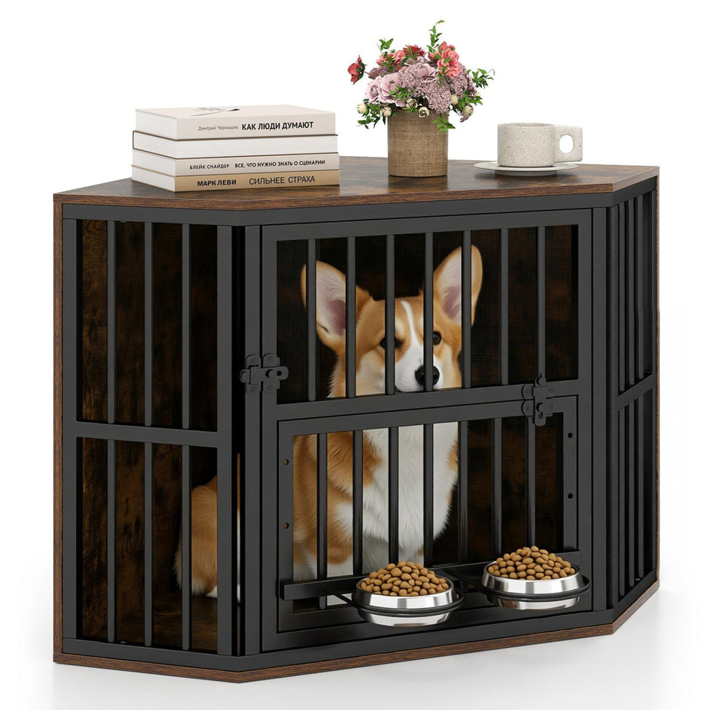 Wooden Dog Crate End Table with Adjustable Bowl Rack 35.5"