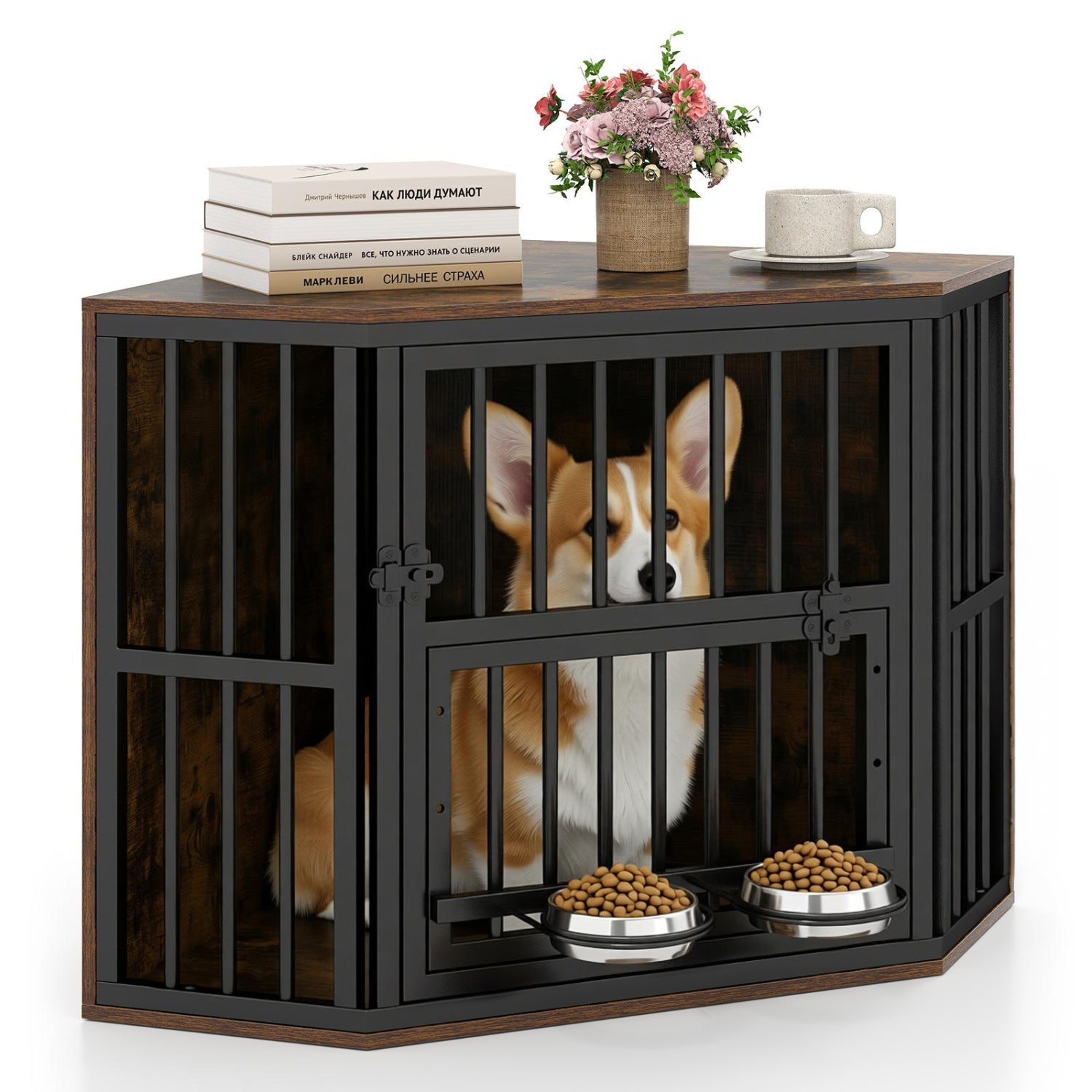 Wooden Dog Crate End Table with Adjustable Bowl Rack 35.5"