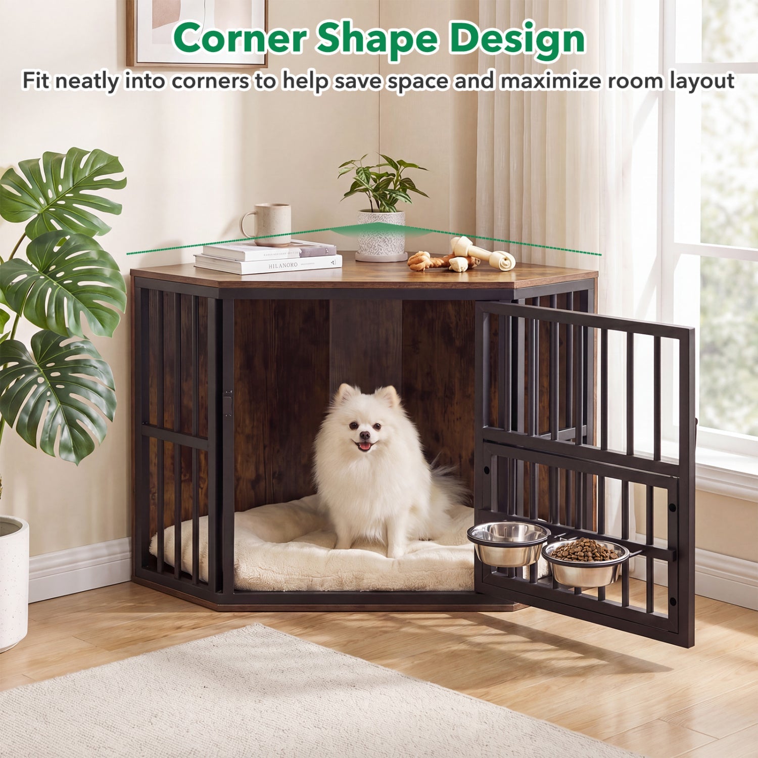 Wooden Dog Crate End Table with Adjustable Bowl Rack 35.5"