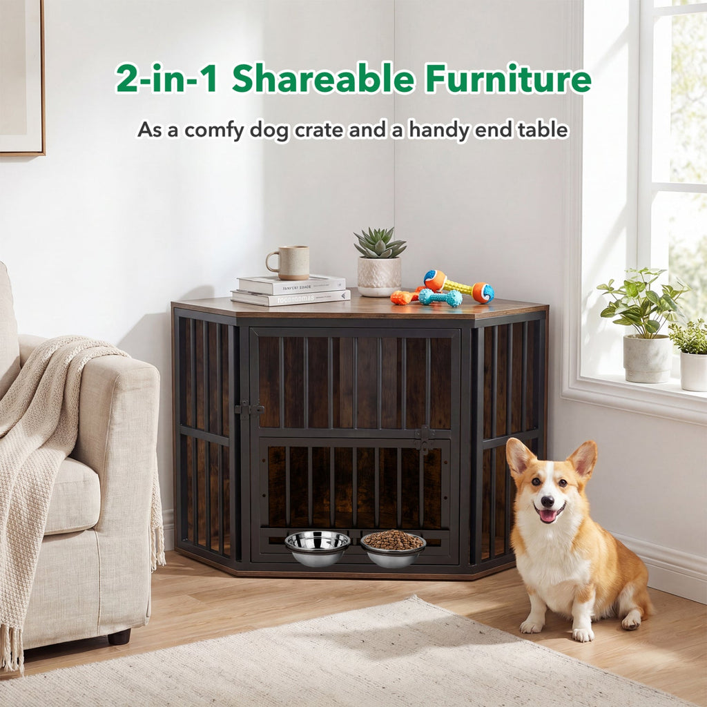 Wooden Dog Crate End Table with Adjustable Bowl Rack 35.5"