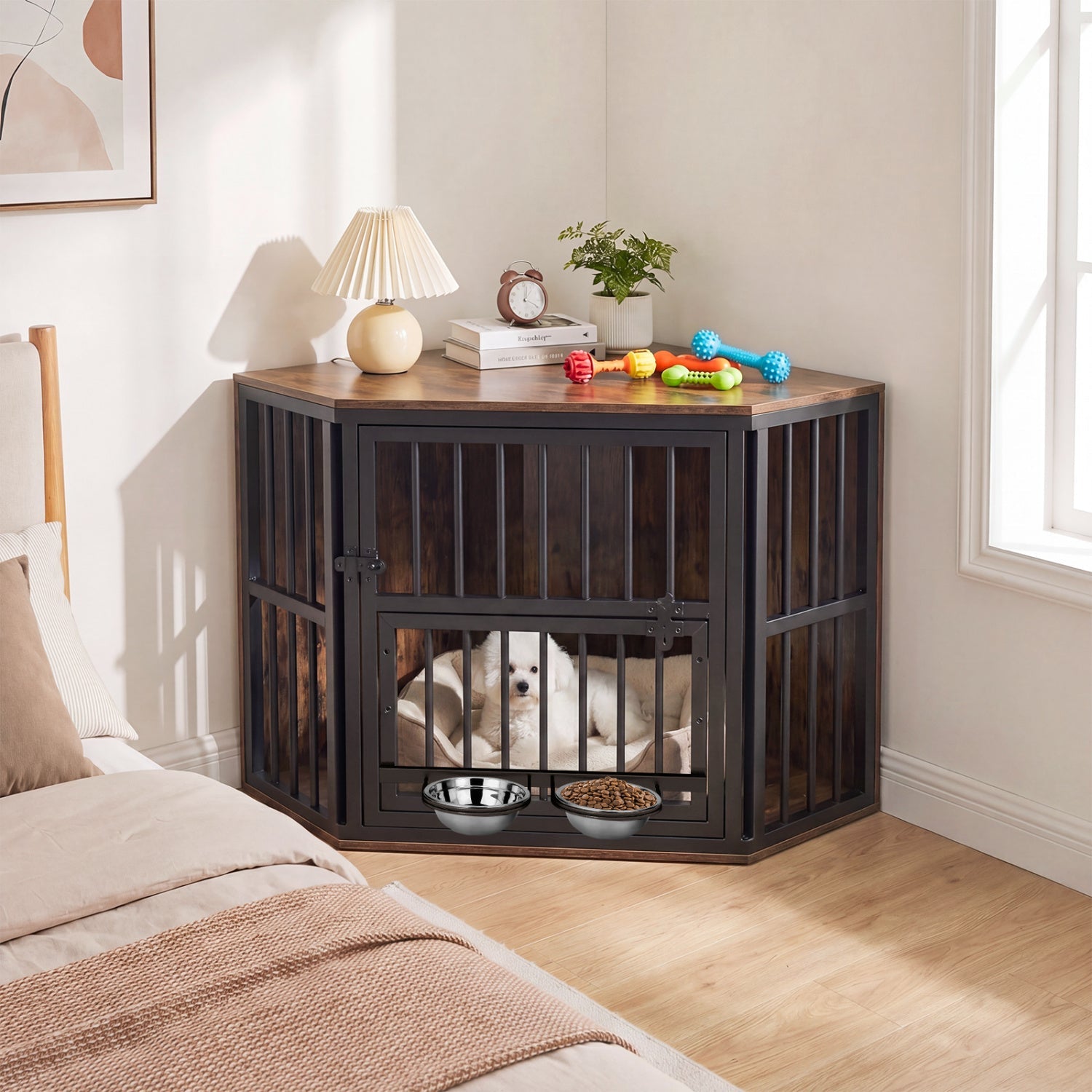 Wooden Dog Crate End Table with Adjustable Bowl Rack 35.5" Coffee