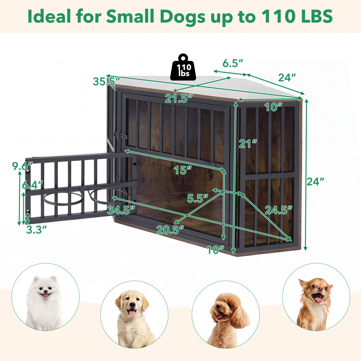 Wooden Dog Crate End Table with Adjustable Bowl Rack 35.5"