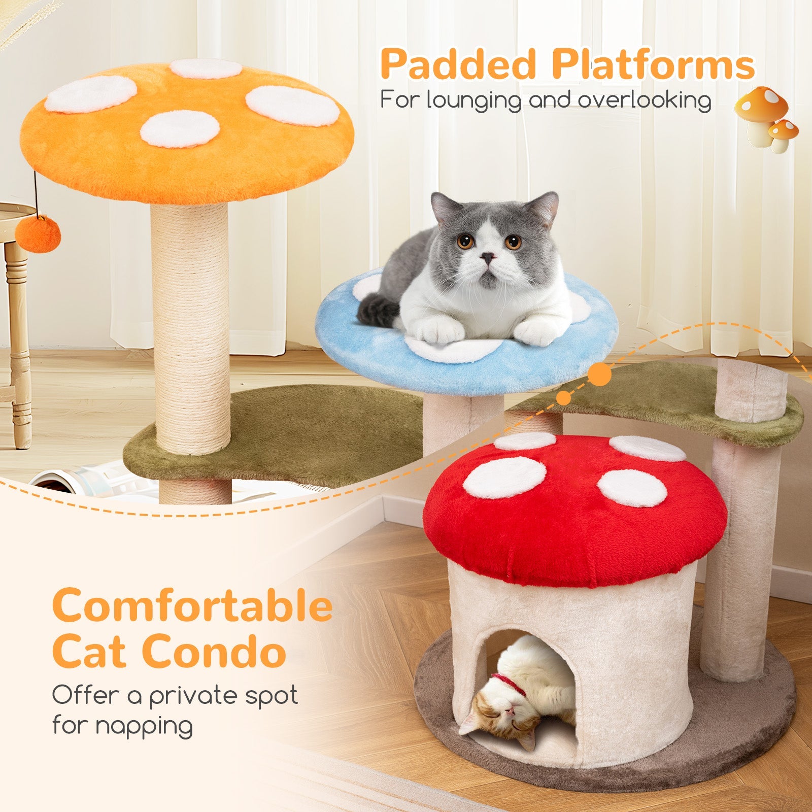 35 Inch Tall Cat Tower with Sisal Scratching Posts Cat Condo and Padded Platforms-Multicolor