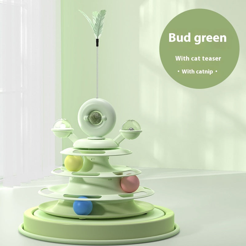 4 Levels Cat Toy Tower Turntable Roller Balls Toys Interactive Intelligence Pets Toys Training Track Puzzle Funny Games Accessories Pet Products Budding Green Cat Teaser