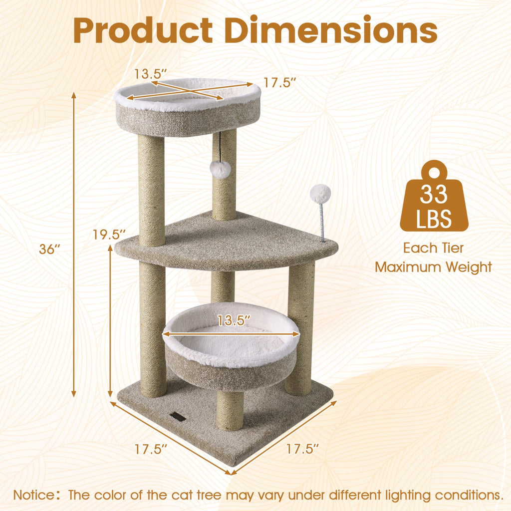 36" Cat Tree with Plush Perches & Scratching Posts