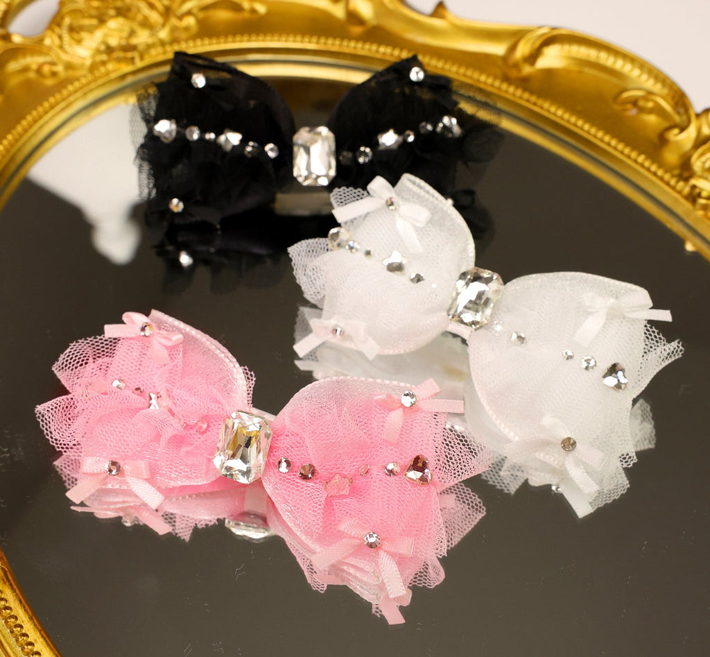Pet Accessories Tulle Bow Hair Clip with Crystal Center Headwear