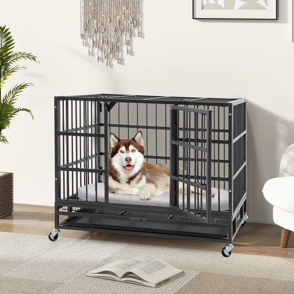 48 Inch Foldable Heavy-Duty Metal Dog Cage with Lockable Rolling Casters and Tray