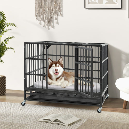 48 Inch Foldable Heavy-Duty Metal Dog Cage with Lockable Rolling Casters and Tray