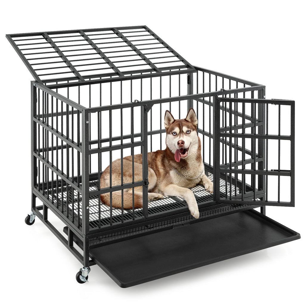 48 Inch Foldable Heavy-Duty Metal Dog Cage with Lockable Rolling Casters and Tray 38 Inches