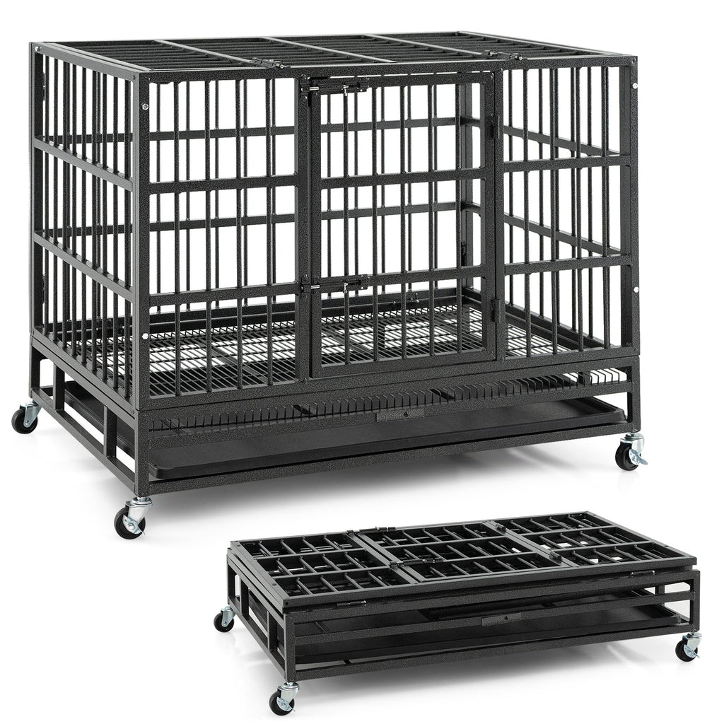48 Inch Foldable Heavy-Duty Metal Dog Cage with Lockable Rolling Casters and Tray