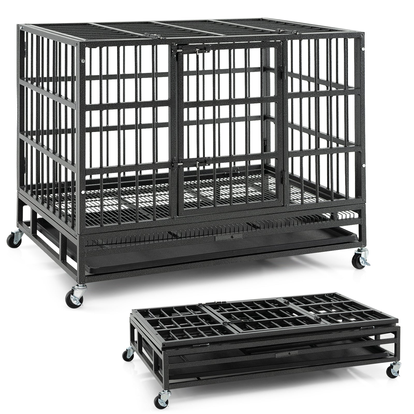 48 Inch Foldable Heavy-Duty Metal Dog Cage with Lockable Rolling Casters and Tray
