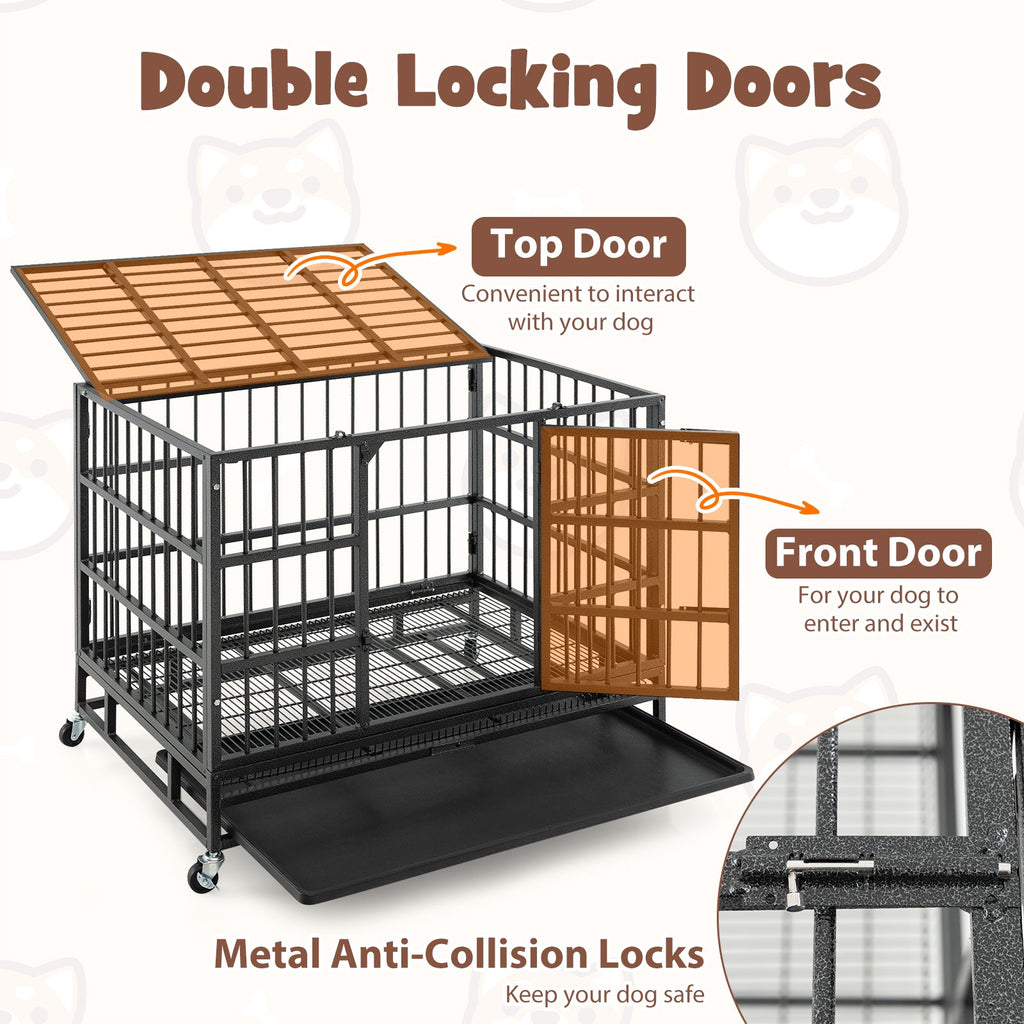 48 Inch Foldable Heavy-Duty Metal Dog Cage with Lockable Rolling Casters and Tray