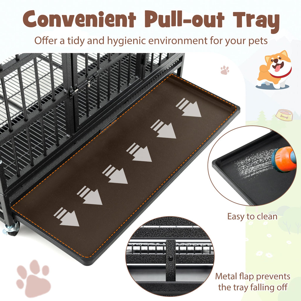 48 Inch Foldable Heavy-Duty Metal Dog Cage with Lockable Rolling Casters and Tray