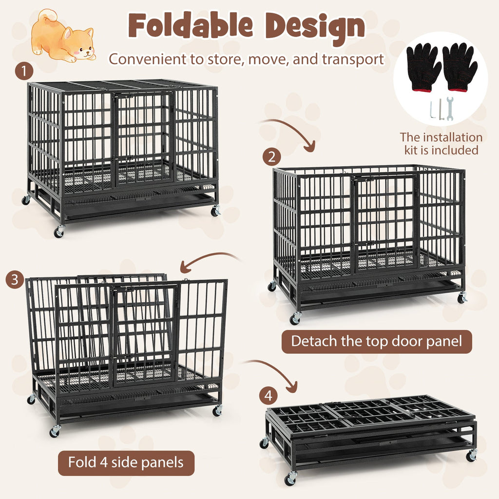 48 Inch Foldable Heavy-Duty Metal Dog Cage with Lockable Rolling Casters and Tray
