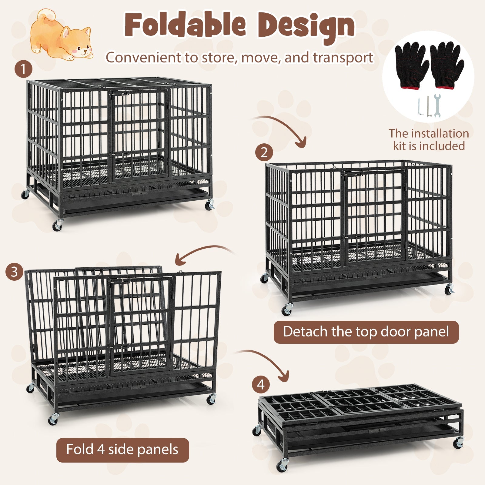 48 Inch Foldable Heavy-Duty Metal Dog Cage with Lockable Rolling Casters and Tray