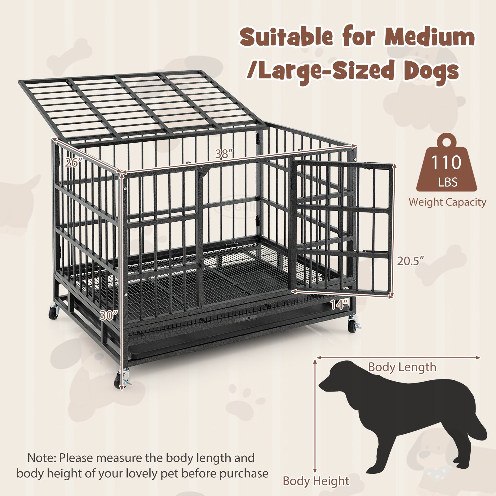 48 Inch Foldable Heavy-Duty Metal Dog Cage with Lockable Rolling Casters and Tray