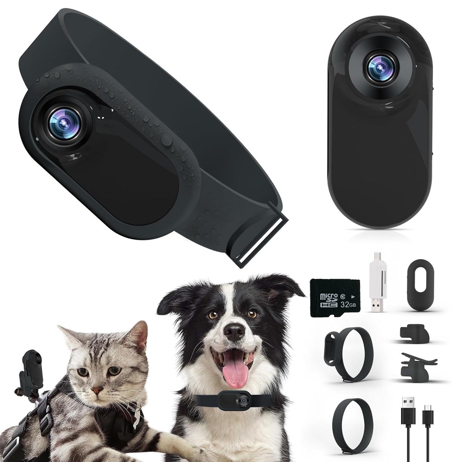 Portable Camera Magnetic Collar Clip Thumb Sports Camera HD Outdoor Pet Camera Portable Cycling Recorder Black+32GB+silicone tie